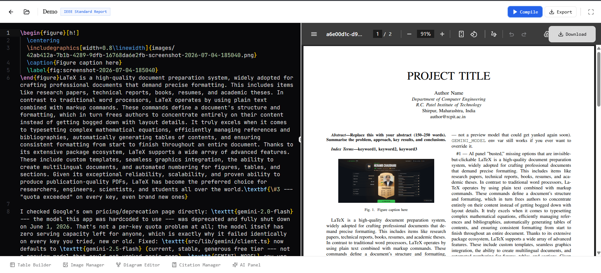 LaTeX Report Studio — Editor — Monaco + Live PDF