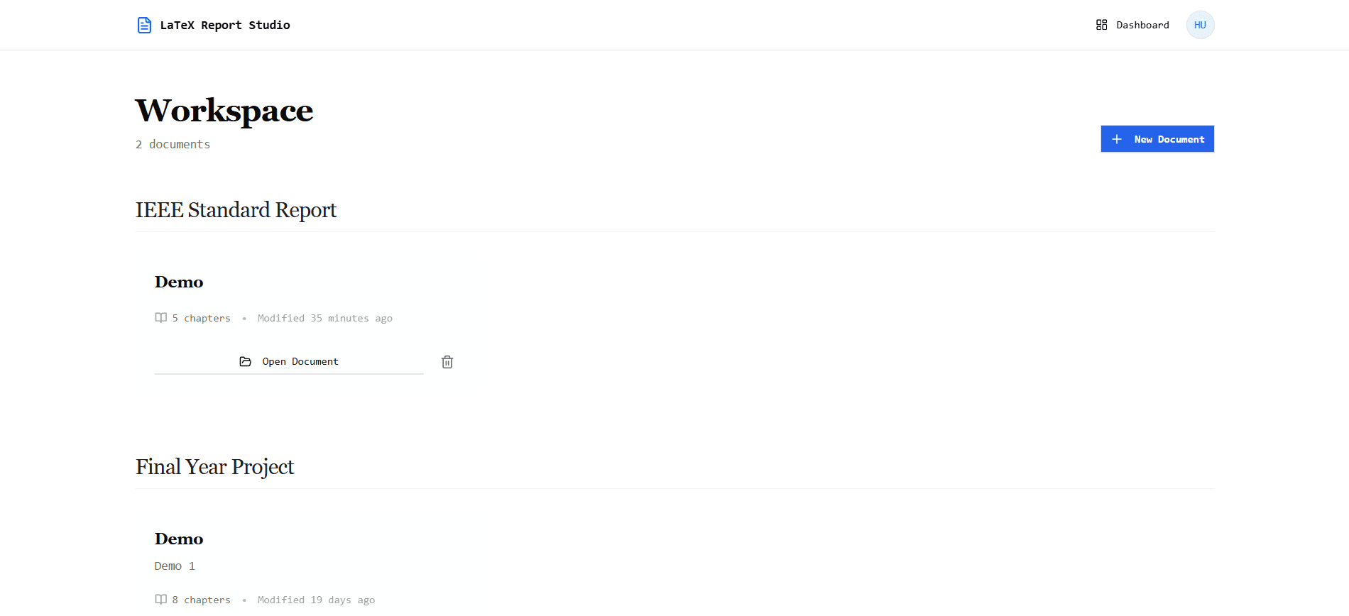 LaTeX Report Studio — Dashboard