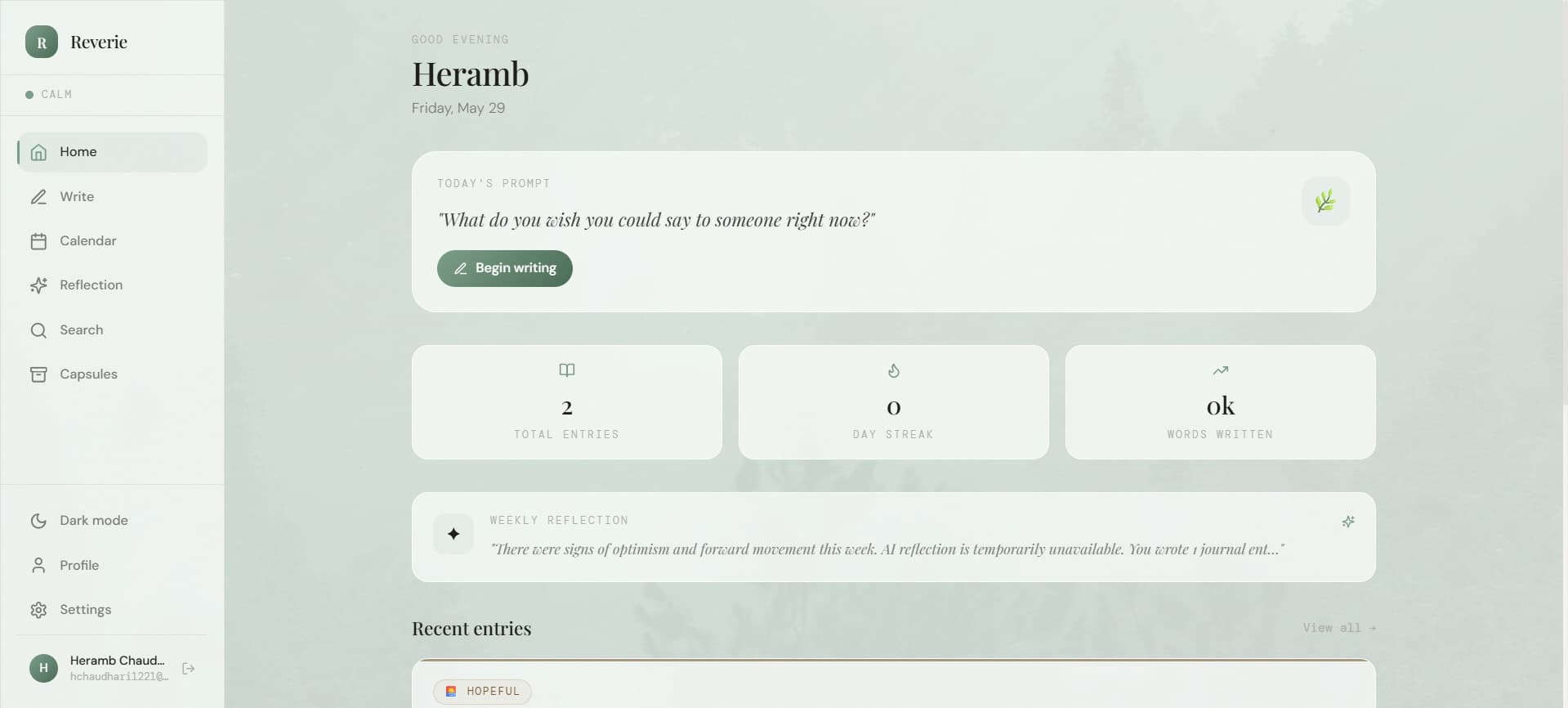 Reverie — Home Dashboard