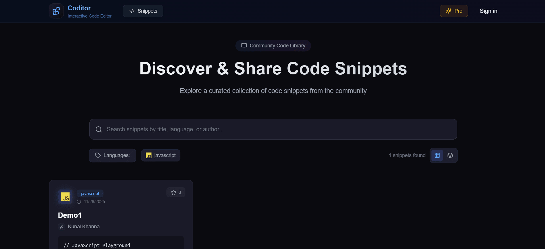 Coditor — Snippet Gallery