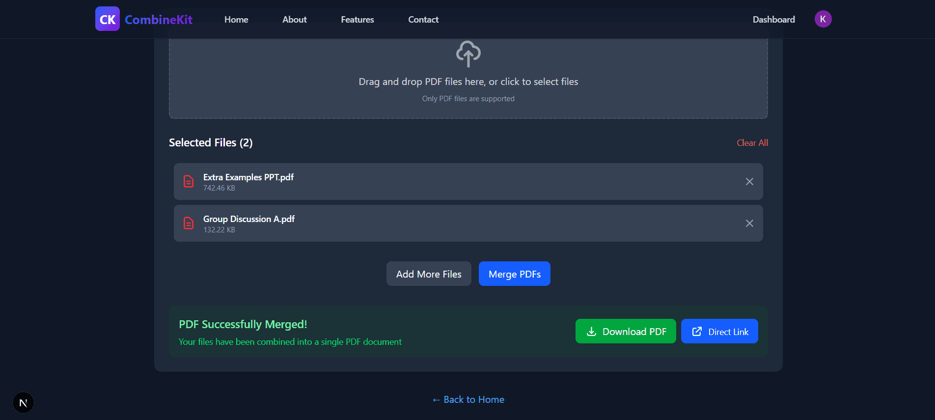 CombineKit — Merge Success UI