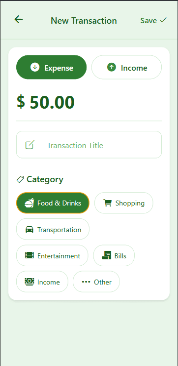 Finance Tracker App — Create Transaction Screen