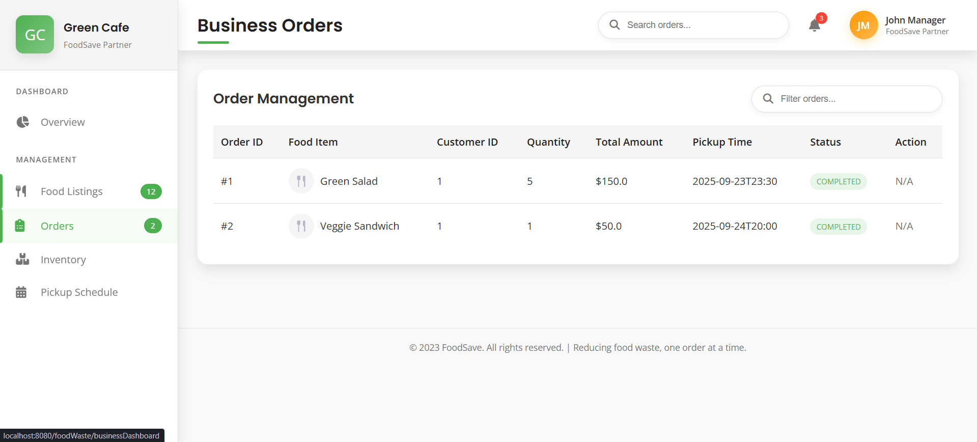 FoodSave — Business Orders View