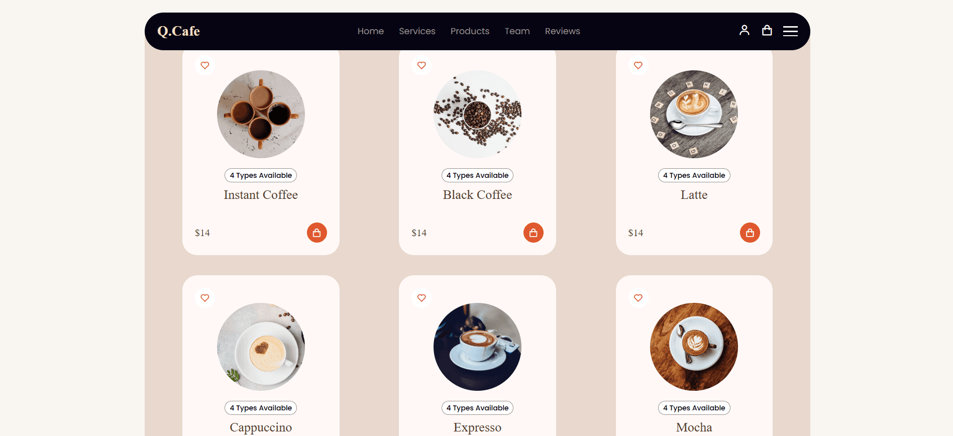 Q.Cafe — Coffee Shop Landing Page — Product Catalog